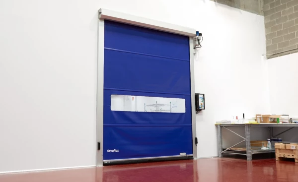 reinforced aluminium high-speed roll-up door with blue tarpaulin